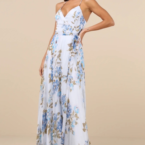 Oh-So Romantic Pale Blue Floral Print Sleeveless Wrap Maxi Dress - Picture 1 of 6